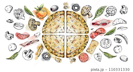 Hand drawn watercolor ink illustration. Pizza dough slice, assorted ingredients, Italian cuisine sketch. Composition isolated on white. Design restaurant menu, cafe, food shop or package, flyer print. Hand drawn watercolor ink illustration. Pizza dough slice, assorted ingredients, Italian cuisine sketch. Composition isolated on white. Design restaurant menu, cafe, food shop or package, flyer print. 110331330