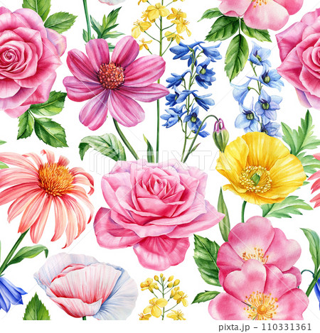 Seamless pattern, watercolor wildflowers. Botanical bouquet flowers for wrapped paper, backdrop. Summer background 110331361