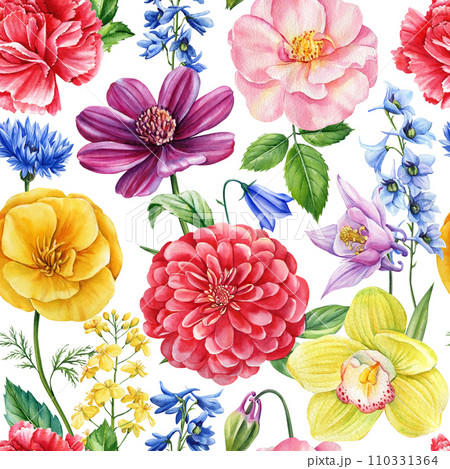 Seamless pattern, watercolor flower orchid, echinacea, poppy and rose. Wallpaper texture flora backdrop. botanical print Seamless pattern, watercolor flower orchid, echinacea, poppy and rose. Wallpaper texture flora backdrop. botanical print 110331364