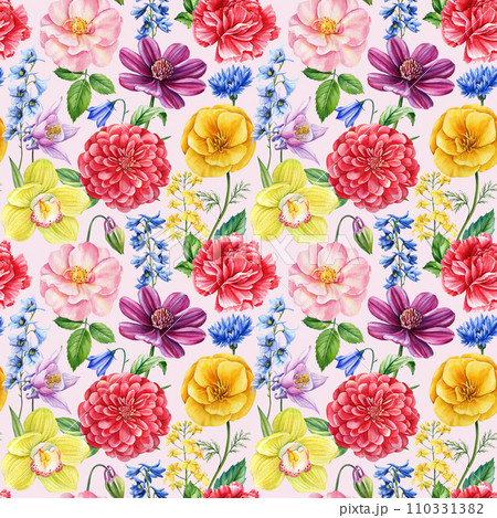 Seamless pattern, watercolor flower orchid, echinacea, poppy and rose. Wallpaper texture flora backdrop. botanical print Seamless pattern, watercolor flower orchid, echinacea, poppy and rose. Wallpaper texture flora backdrop. botanical print 110331382
