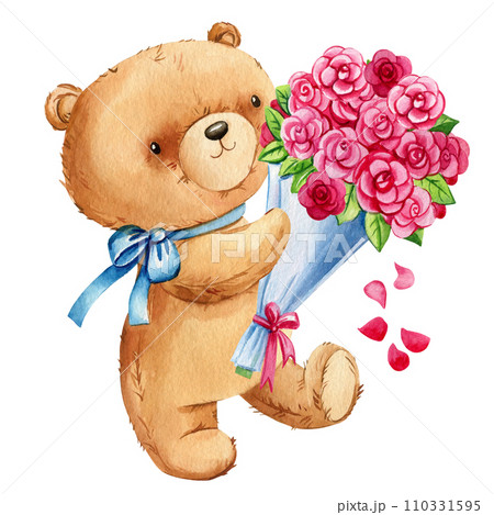 Teddy bear with roses pink flowers, petals on isolated background. Watercolor hand drawn illustration. Baby animal 110331595