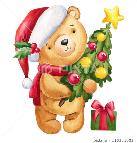 Teddy bear in Santa Claus hat, present and Christmas tree. Watercolor illustration. Design for New Yea and for Christmas 110331602