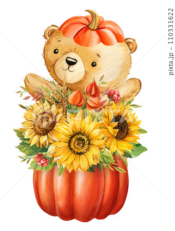Teddy bear with pumpkin and flowers on isolated white background. Watercolor illustration, cute baby bear, clipart Teddy bear with pumpkin and flowers on isolated white background. Watercolor illustration, cute baby bear, clipart 110331622