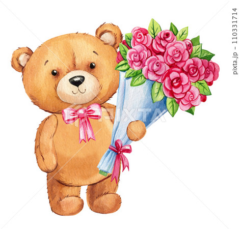 Cute teddy bear with roses design composition, Watercolor illustration for wall art decoration, postcard, cover design 110331714