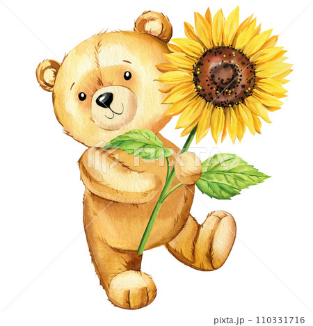 Cute teddy bear and sunflower design composition, Watercolor kid illustration for art decoration, postcard, cover design 110331716