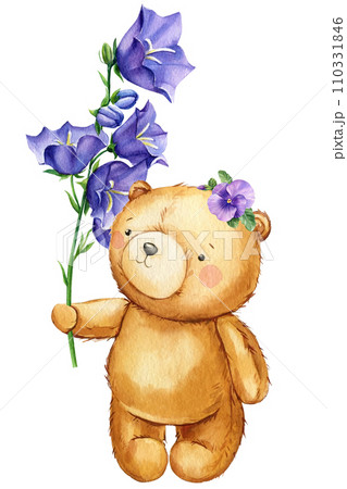 Teddy bear and bluebell flowers watercolor on isolated white background, art poster, cute bear hand drawn illustration Teddy bear and bluebell flowers watercolor on isolated white background, art poster, cute bear hand drawn illustration 110331846
