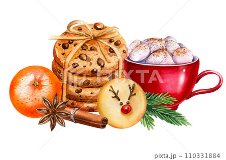 Christmas sweets and hot drinks. watercolor illustrations, cookies with chocolate, greeting cards 110331884