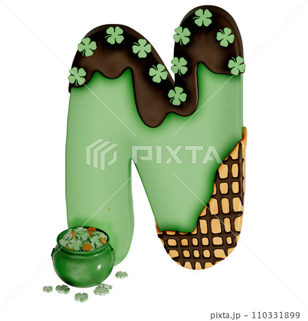 St. Patrick's day dessert alphabet N with decoration on transparent background , 3D Rendering 110331899
