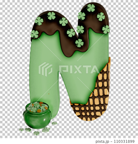 St. Patrick's day dessert alphabet N with decoration on transparent background , 3D Rendering 110331899