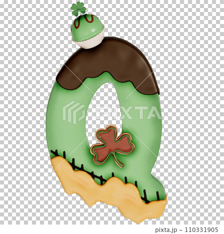 St. Patrick's day dessert alphabet Q with decoration on transparent background , 3D Rendering 110331905
