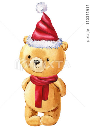 Christmas teddy bear in hat Santa Claus watercolor on isolated white background, poster, bear hand drawn illustration 110331913