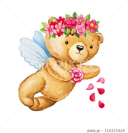 Teddy bear Cupid on isolated white background. Watercolor children's illustration, cute valentine bear angel Teddy bear Cupid on isolated white background. Watercolor children's illustration, cute valentine bear angel 110331924