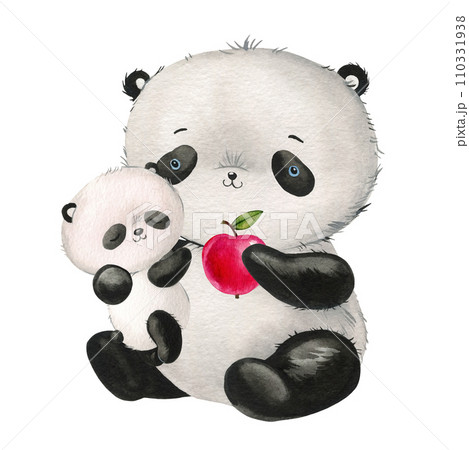 Mom and baby panda watercolor hand drawn illustrations, Baby animal set on isolated background for poster, card, design 110331938