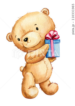 Teddy bears with gift box isolated white background. Watercolor illustration, cute baby bear for design, clipart Teddy bears with gift box isolated white background. Watercolor illustration, cute baby bear for design, clipart 110331965