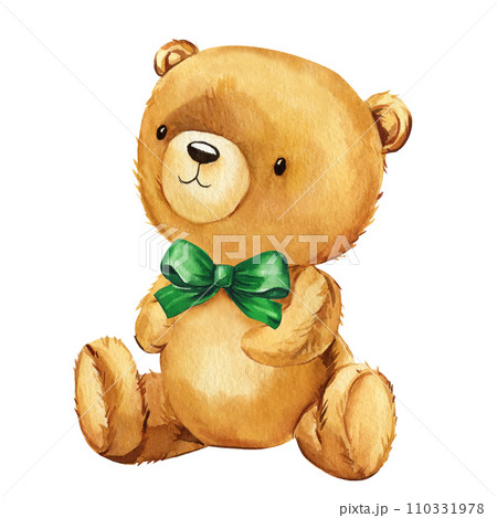 Teddy bear with green bow. Watercolor illustration. Bear doll on white isolated background. Cute toy animal 110331978