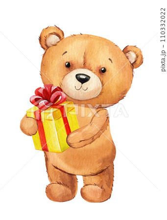 Cute teddy bear with gift design composition, Watercolor kid illustration for art postcard, cover design, decoration 110332022