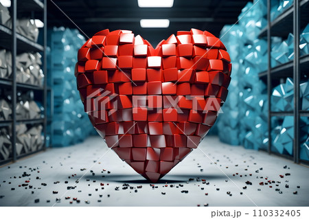 3D illustration of a shiny heart made of metal red and blue contrasting image It conveys love, understanding, hope, happiness, courage, power, balance and peace It depend on the viewer to interpret. 110332405