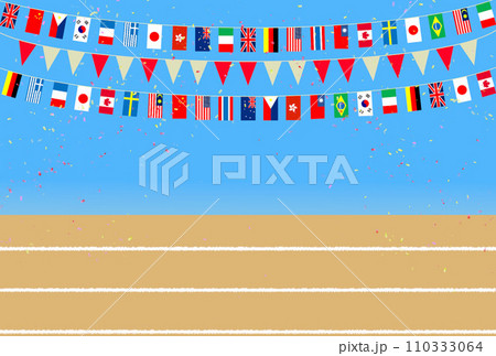 万国旗が広がる青空と陸上トラック 運動会 万国旗が広がる青空と陸上トラック 運動会 110333064