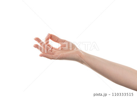 Young woman hand holding something with fingers isolated on white background 110333515