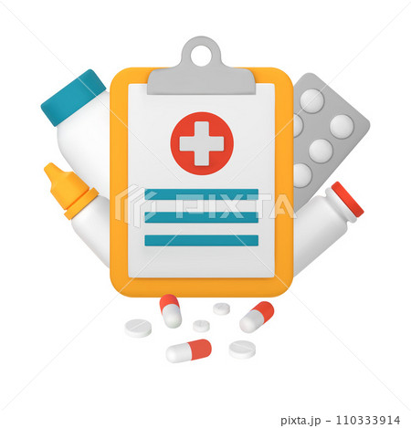 Medical card, clipboard. Medicines, capsules, tablets. Medical treatment. 3D vector illustration isolated on a white background 110333914