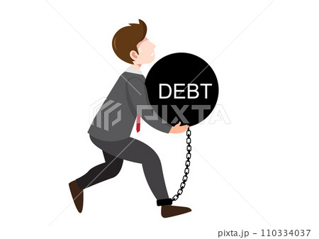 Businessman carries giant iron ball with financial debts, vector illustration 110334037
