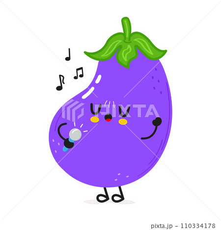 Eggplant sings into a microphone character. Vector hand drawn cartoon kawaii character illustration icon. Isolated on white background. Eggplant character concept Eggplant sings into a microphone character. Vector hand drawn cartoon kawaii character illustration icon. Isolated on white background. Eggplant character concept 110334178