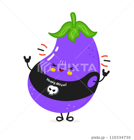 Eggplant heavy metal character. Vector hand drawn cartoon kawaii character illustration icon. Isolated on white background. Eggplant character concept 110334730