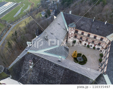 Tratzberg Castle in Tyrol, Austria. Aerial Drone View at winter twilights. White Renaissance Castle with Panorama View Tratzberg Castle in Tyrol, Austria. Aerial Drone View at winter twilights. White Renaissance Castle with Panorama View 110335497