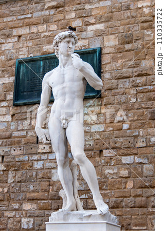 Italy, Florence, Replica of Michelangelo's David in front of the Palazzo Vecchio. 110335722