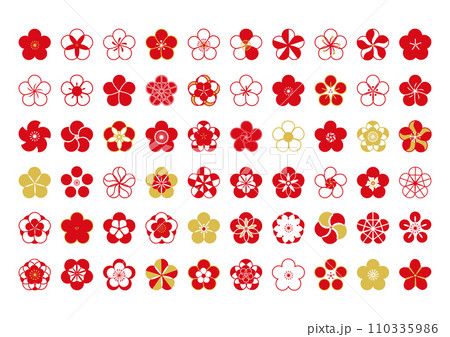 梅の花びらのアイコン 赤と金色の紅梅 白梅のイラストセット マーク素材 110335986