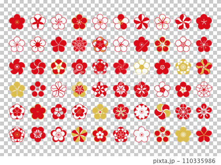 梅の花びらのアイコン 赤と金色の紅梅 白梅のイラストセット マーク素材 110335986