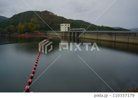 羽布ダムの堤体と三河湖 110337179