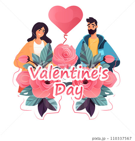 couple in love with flowers bouquet and pink air balloon happy valentines day celebration concept full length 110337567