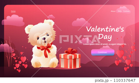 teddy bear sitting with wrapped gift box happy valentines day celebration greeting card horizontal copy space 110337647