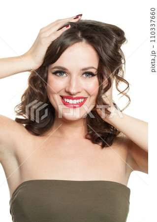 Happy model woman with healthy wavy hairstyle studio fashion beauty portrait 110337660