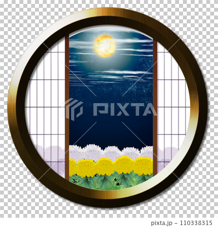 A landscape with chrysanthemums illuminated by the moon seen from a round window A landscape with chrysanthemums illuminated by the moon seen from a round window 110338315