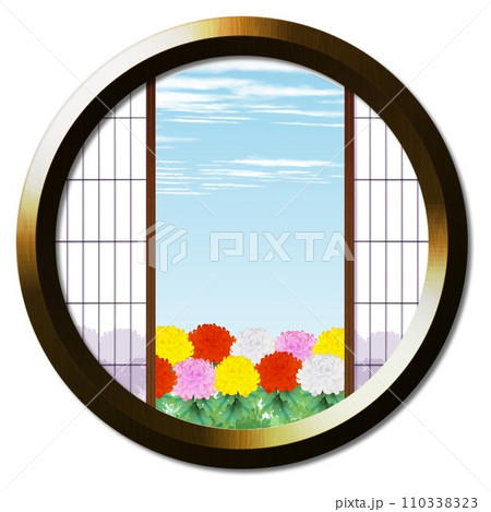 丸窓から見える菊のある風景 丸窓から見える菊のある風景 110338323