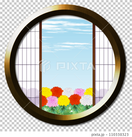丸窓から見える菊のある風景 丸窓から見える菊のある風景 110338323