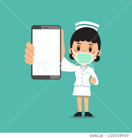 Cartoon female nurse wearing protective mask with smartphone 110338410