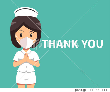 Cartoon female nurse wearing protective mask with thank you word 110338411
