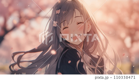 満開の桜と女子生徒卒業・入学シーズンイメージ 110338471