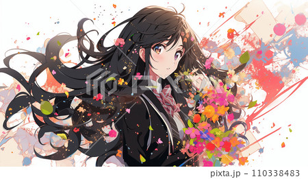 満開の桜と女子生徒卒業・入学シーズンイメージ 110338483