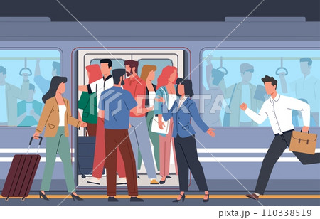 Subway car crowded with people during rush hour. Underground city transport. Men, women and kids in railway commuter. Waiting for train to arrive. Cartoon flat isolated vector concept 110338519
