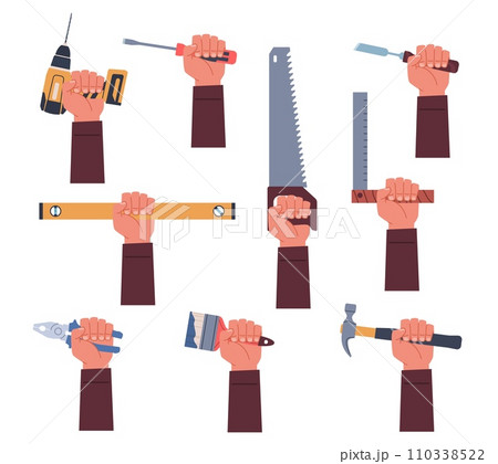 Set of hands that hold work tools. Professional worker equipment. Hammer, wrench, calipers and pliers in arm. Repair items and instruments. Cartoon flat isolated vector construction illustration 110338522