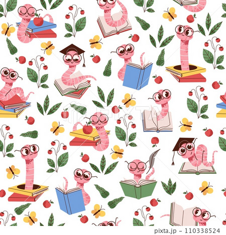 Seamless pattern with scientist worm wearing glasses with books. Decor textile, wrapping paper, wallpaper design. Print for fabric. Earthworm smart insect, cartoon flat vector concept 110338524