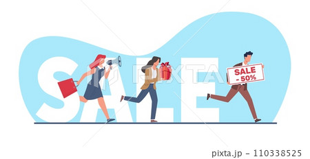 Pushy salesmen chasing fleeing customer. Woman with loudspeaker, girl buying presents and gifts for holidays. Discount and sale offer. Huge letters. Cartoon flat isolated vector concept 110338525