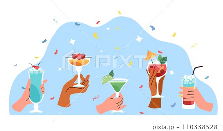 Party with cocktails, hands of people with alcoholic beverages. Cold tropical drinks with ice, alcohol and fruits. Mojito and margarita, lemonade cartoon flat isolated vector concept 110338528