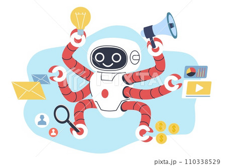 Multitasking robot. artificial intelligence machine with many hands hold letter, megaphone and idea sign. Automation system. Futuristic android chatbot. Cartoon isolated vector concept Multitasking robot. artificial intelligence machine with many hands hold letter, megaphone and idea sign. Automation system. Futuristic android chatbot. Cartoon isolated vector concept 110338529