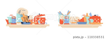 Mountain of dirty dishes and clean washed ceramic plates. Cooking and dining crockery, bowls and cups, saucepan and mug. Housework on kitchen. Cartoon flat isolated vector concept Mountain of dirty dishes and clean washed ceramic plates. Cooking and dining crockery, bowls and cups, saucepan and mug. Housework on kitchen. Cartoon flat isolated vector concept 110338531