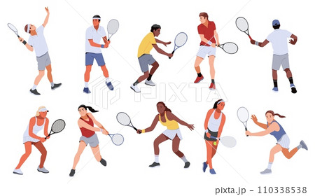Lawn tennis people. Professional athletes in uniform, men and women with rackets, dynamic poses, batting and serving ball. Competition and hobby cartoon flat isolated tidy vector set Lawn tennis people. Professional athletes in uniform, men and women with rackets, dynamic poses, batting and serving ball. Competition and hobby cartoon flat isolated tidy vector set 110338538